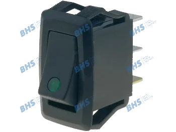 Rocker switch; (ON)-OFF, nonfixed, 3pins. 10A/250Vac, 27.2x13.6mm illuminated, SPST green 12V LED