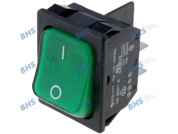 Rocker switch; ON-ON fixed, 4pins. 10A/250Vac 31.5x25.2mm DPST black body illuminated green rocker NEON
